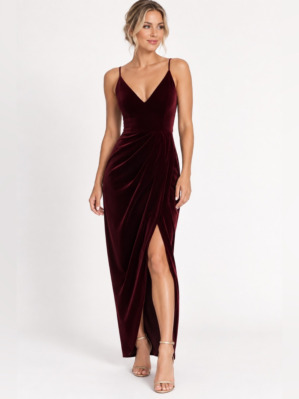 Aqua Burgundy Velvet Cami Wrap Maxi Dress